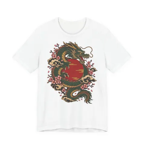 Japanischer Drache mit roter Sonne – T-Shirt in Weiß