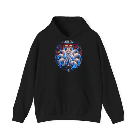 Kitsune – neunschwänziger Fuchs am Torii – Hoodie in Schwarz