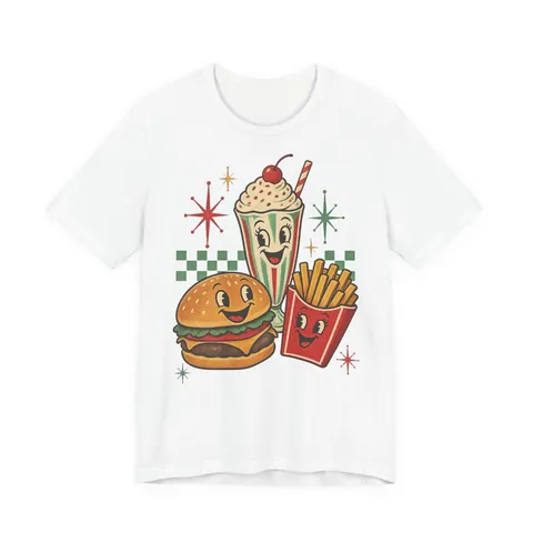 Retro-Diner: Milchshake, Burger und Pommes – T-Shirt in Weiß