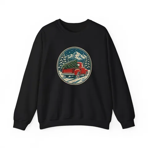 Roter Vintage-Pickup mit Weihnachtsbaum – Sweatshirt in Schwarz