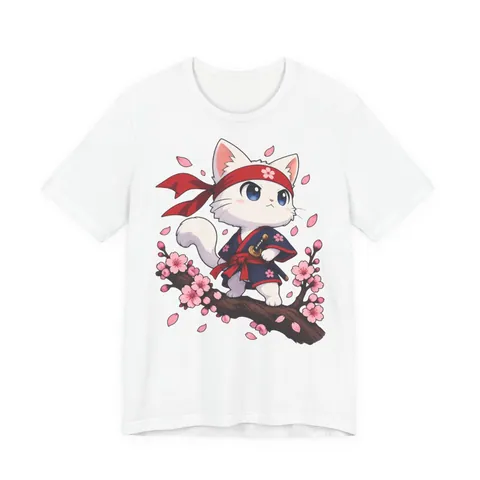 Samurai-Katze auf dem Kirschblütenzweig – T-Shirt in Weiß