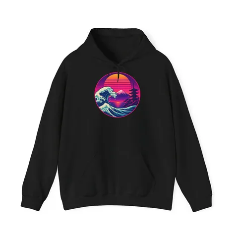 Synthwave-Japan mit Welle und Fuji – Hoodie in Schwarz