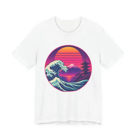 Synthwave-Japan mit Welle und Fuji – T-Shirt in Weiß