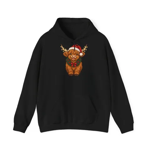 Weihnachtliches Hochlandrind mit Weihnachtsmütze – Hoodie in Schwarz
