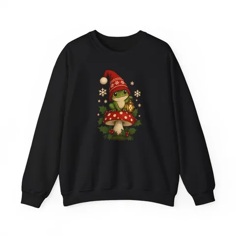 Weihnachts-Frosch als Wichtel auf dem Fliegenpilz – Sweatshirt in Schwarz