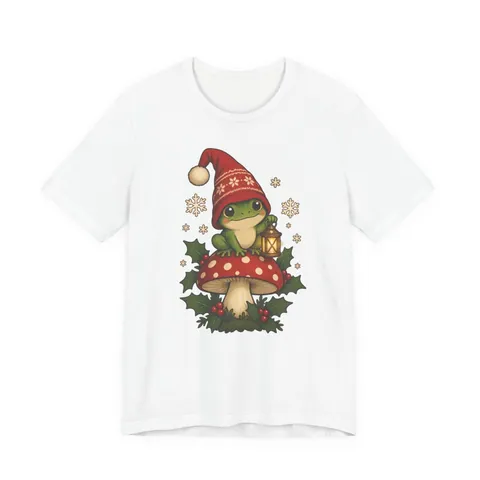 Weihnachts-Frosch als Wichtel auf dem Fliegenpilz – T-Shirt in Weiß